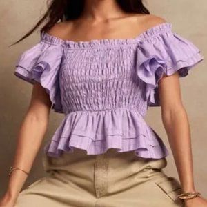 Banana Republic Smocked Off The Shoulder Ruffle Top Purple Small Cotton Boho